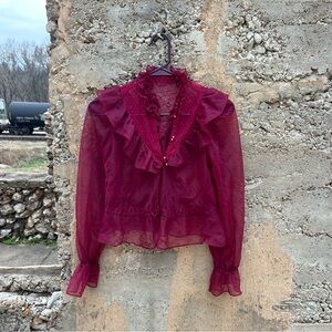 Vintage Y2K whimsigoth ruffled lace button up blouse w gold details Sz s